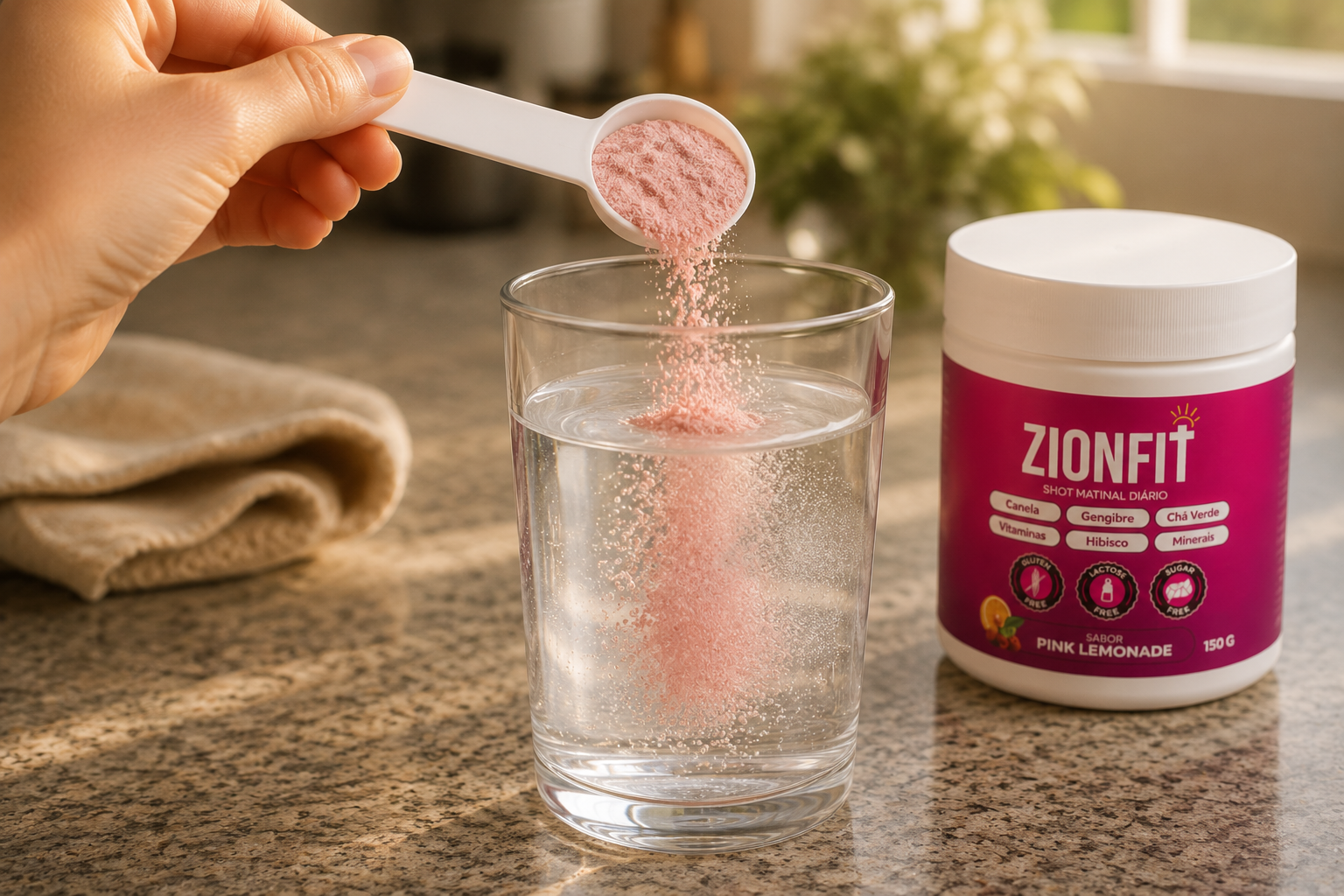 Uma colher despejando o pó rosa ZionFit em um copo com água